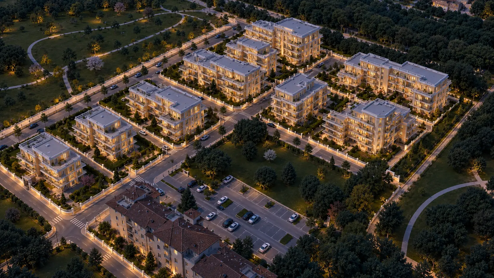 Blue Green Residence — vista notturna del complesso residenziale