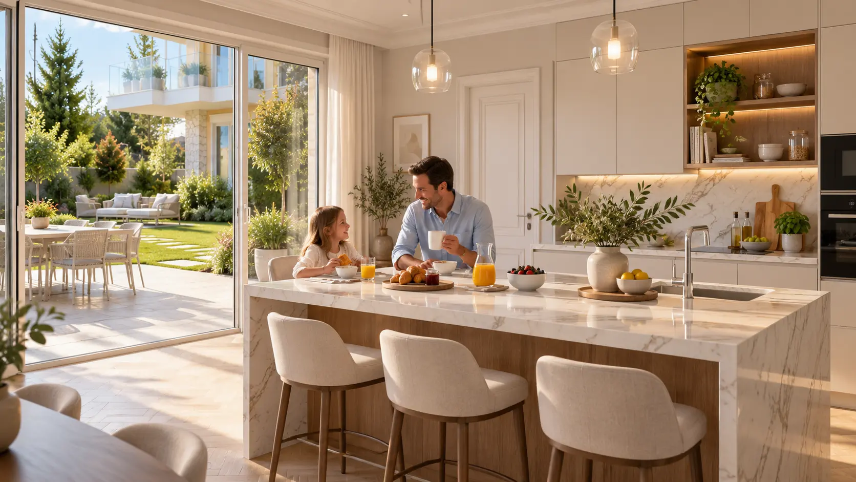 Cucina con isola affacciata sul giardino
